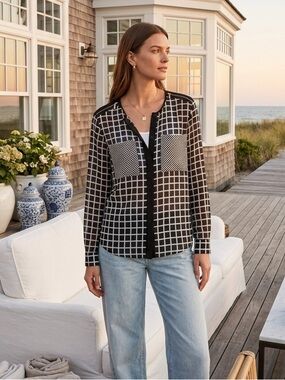 Michael Kors Black & White Windowpane Button-Front Blouse XL Hamptons top classy